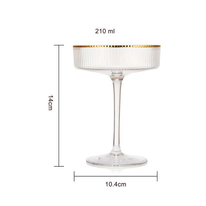 The Wine Savant / Khen Glassware - Wholesale Cocktail/Liquor Glass - Ribbed Art Deco Gilded Crystal Coupe Glasses | Set of 22