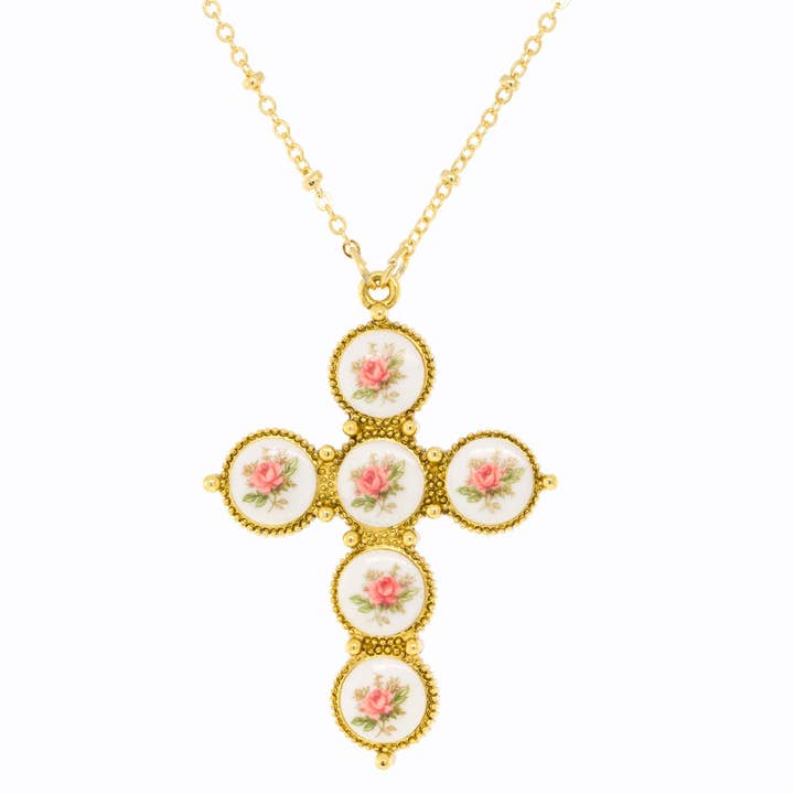 1928 Jewelry Pink Flower Decal Cross Pendant Necklace 30" for wholesale by 1928 Jewelry