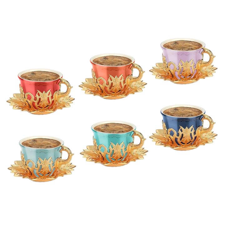 Turkish Colorful Coffee Cup Set of 6, 18 Pcs, Gold, 2.5 Oz for wholesale by Hakan
