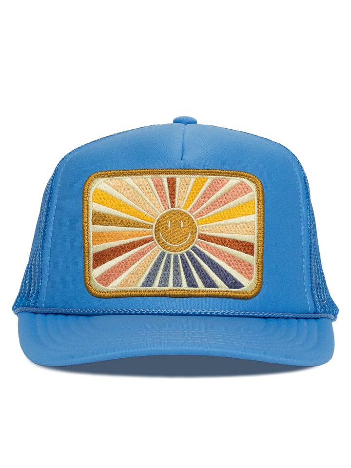 Rays Of Happy Trucker Hat in Blue for wholesale by Friday Feelin'