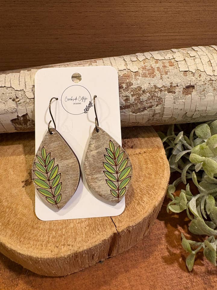 Two Tone Leaves Drop Earrings, laser engraved, handpainted, wood earrings, nickel free for wholesale by Creekside Cottage Designs