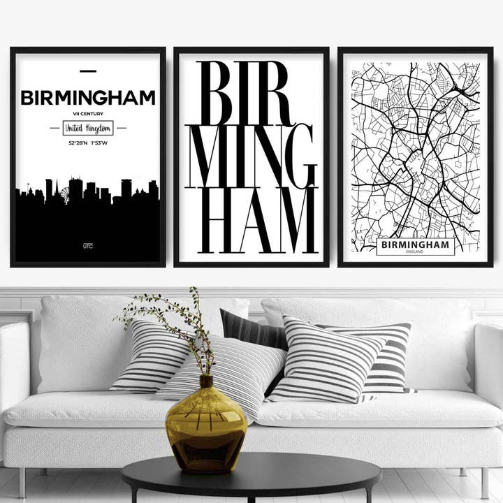 Set von 3 Birmingham Skyline Street Karten City Prints für den Großhandel von Artze Wall Art