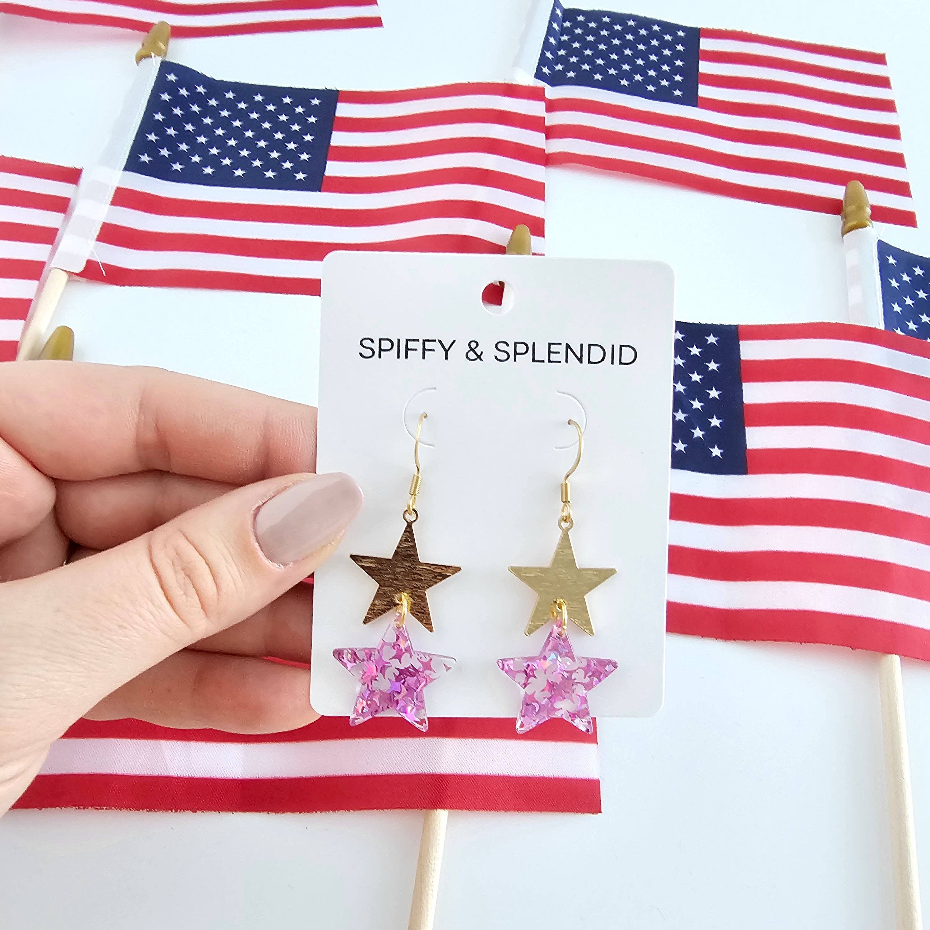 Spiffy & Splendid - Wholesale Hangende/ronde oorbellen - Oorbellen met sterren - roze glitter//4 juli Patriottisch9