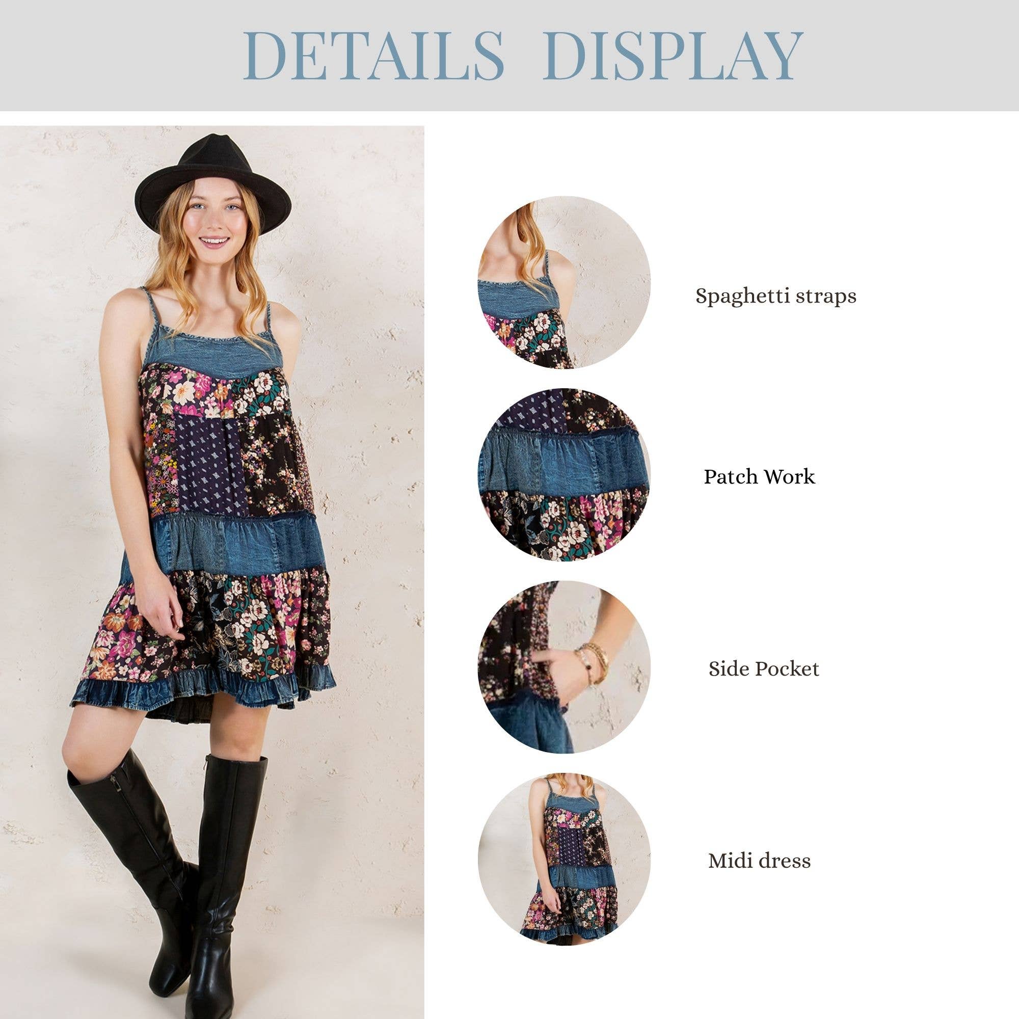 Floral Robe Babydoll Coquette à Bretelles avec Empiècement en Denim en vente sur Faire13