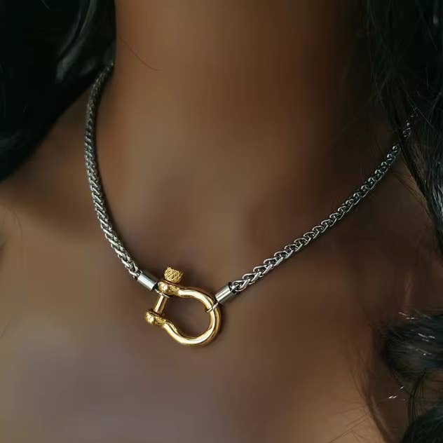 HoopLa - Wholesale Pendant/Charm Necklace - Carabiner horse Bit- Charm-Wheat Chain Stainless Necklace