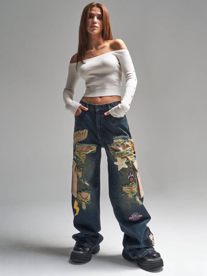 Mörkblå Lapptäcke vintage jeans med bred ben för kvinnor med låg midja för wholesale på Faire
