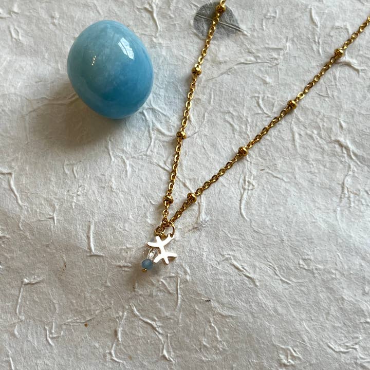 Signe du zodiaque Poissons - Aigue-marine - Acier doré - Collier pour la vente par Earth Star Healing Collective