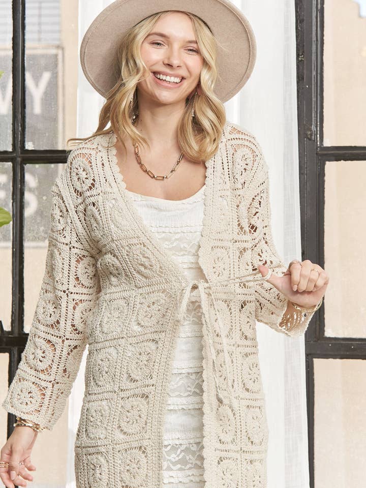 LONG SLEEVES CROCHET CARDIGAN- LESW3831 for wholesale by Madelyn