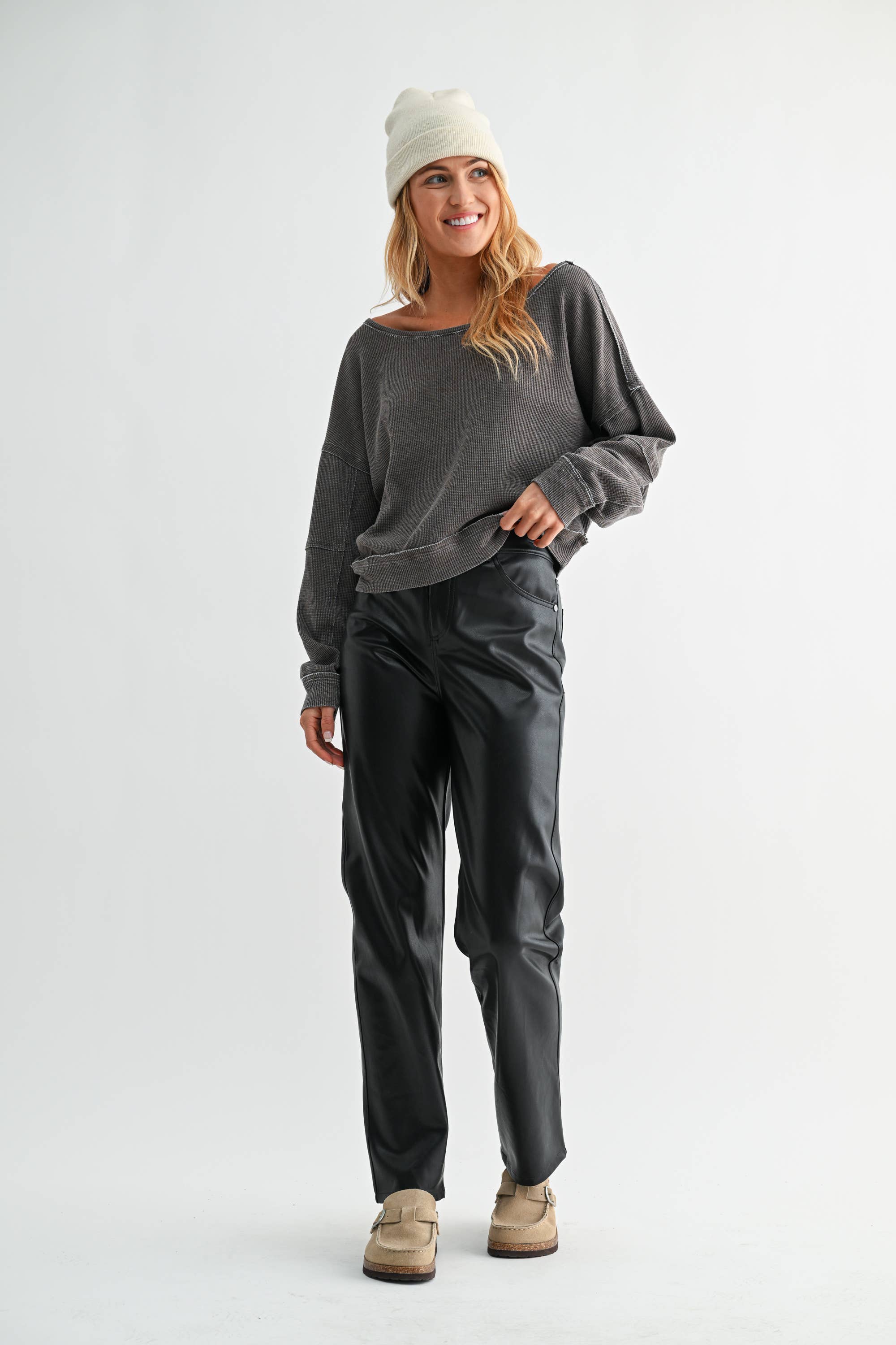 Mono B - Wholesale Sweatshirt - Women's - Raw Edge Waffle Knit Boatneck Pullover39