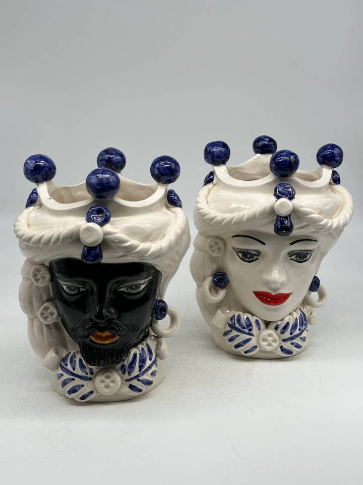 END OF SERIES - Pair of Classic Moor's Heads Caltagirone Ceramic H.20 L.14 Handmade White Blue for wholesale by DD Ceramiche Siciliane