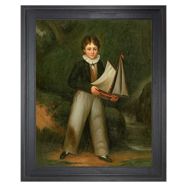 Young Boy Holding Pond Boat, Framed Painting Print on Canvas for wholesale by Madison Bay Co. - Historical Home Decor Reproductions