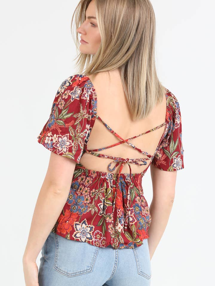 C2669-FR38 STRAPPY BACK V NECK FLORAL PRINT BLOUSE for wholesale by ANGIE