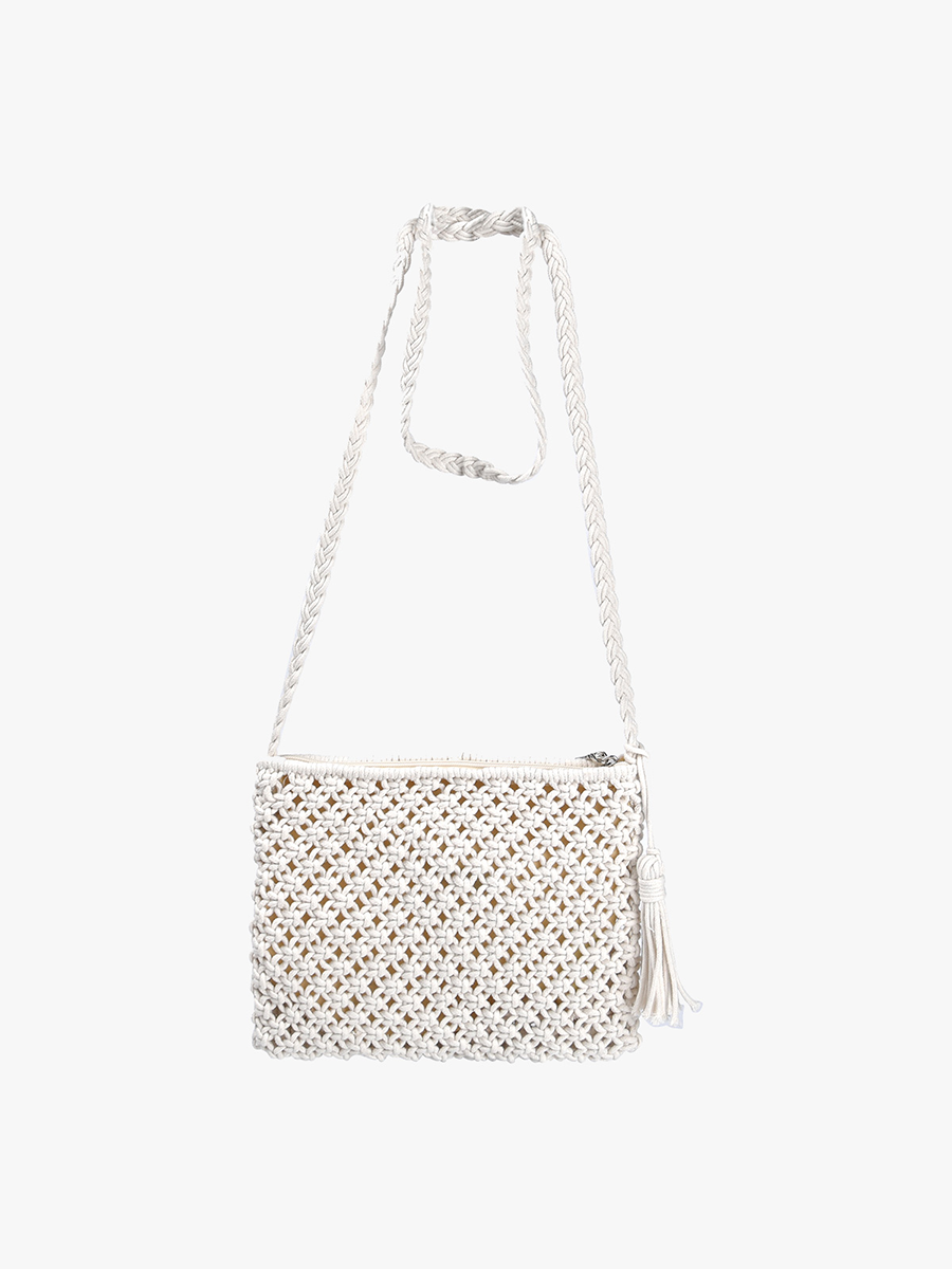 White N2273 Val Macrame Crossbody Bag with Tassel for wholesale on Faire2