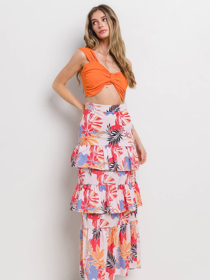 S1450-4754-Tropical Flower Print High Waist Ruffled Skirt for wholesale by Nylon Apparel