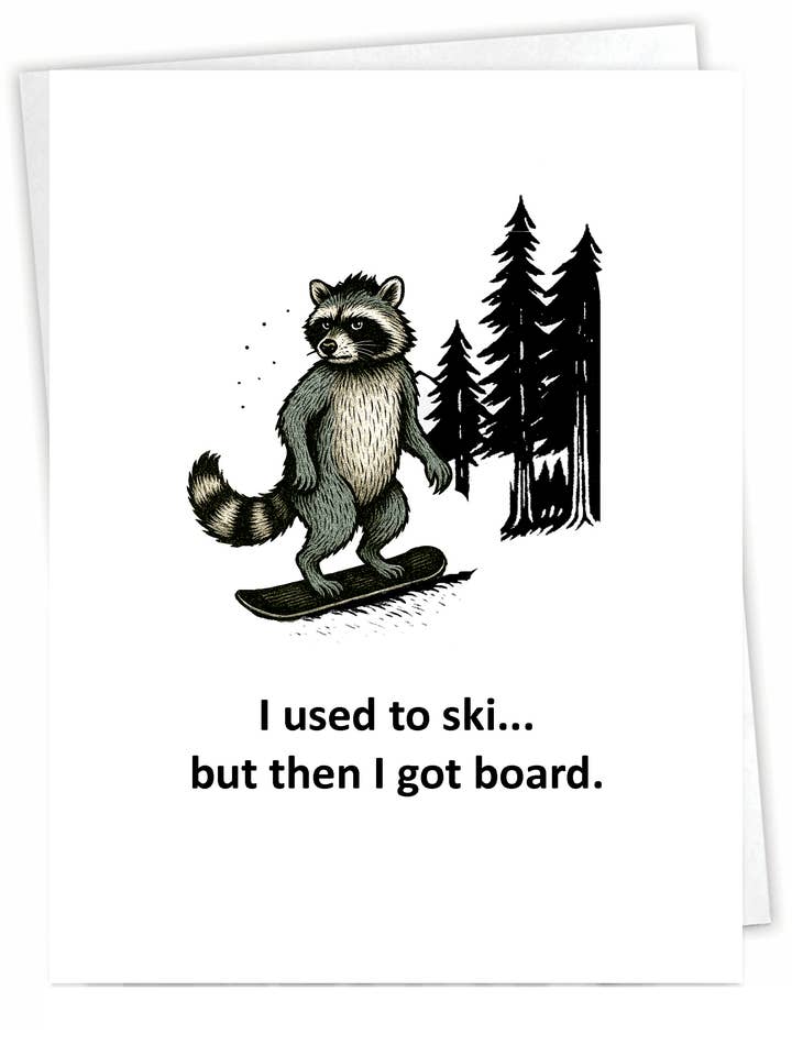 Funny Outdoor Card - Snowboard Raccoon - Blank Inside for wholesale by Blue Spark Card Co