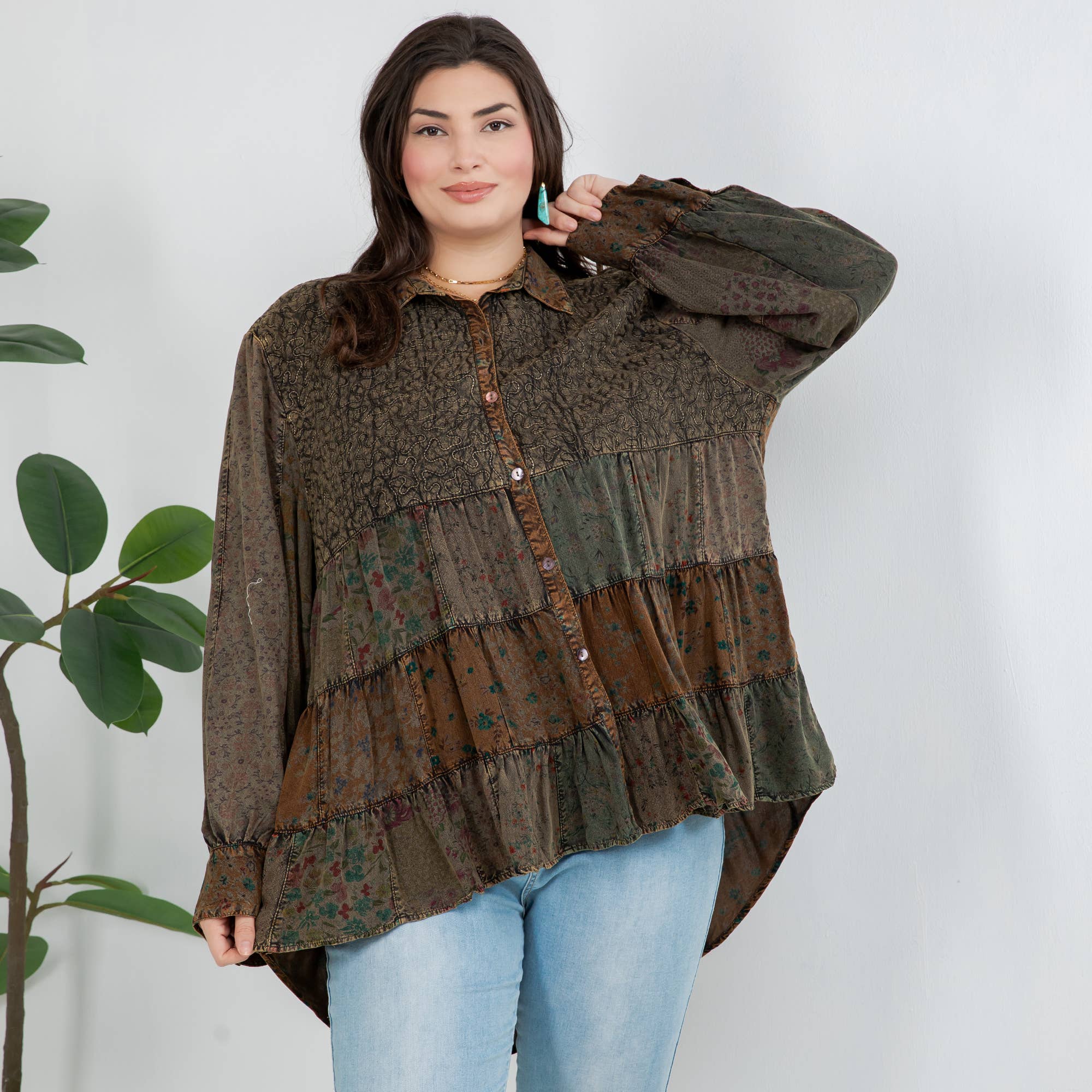 Amber Front-Open Boho Shirt with Quilted Emb & Rayon Tiers for wholesale on Faire9