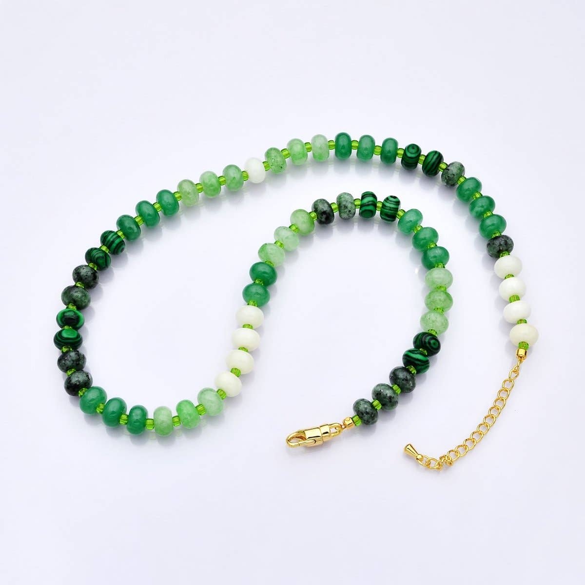 Aim Eternal - Wholesale Beaded/Pearl Necklace - 14K Gold Filled Green Malachite Gradient Gemstone 18 Inch Necklace | WA-33080