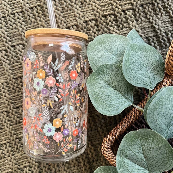 Wildflower 16oz Glass Cup with Bamboo Lid for wholesale by She’s Called Boutique