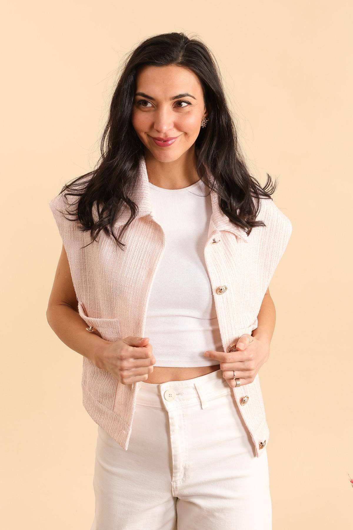 Attrait Paris – Blusão - Mulher por atacado – Casaco sem mangas de tweed com botões dourados2