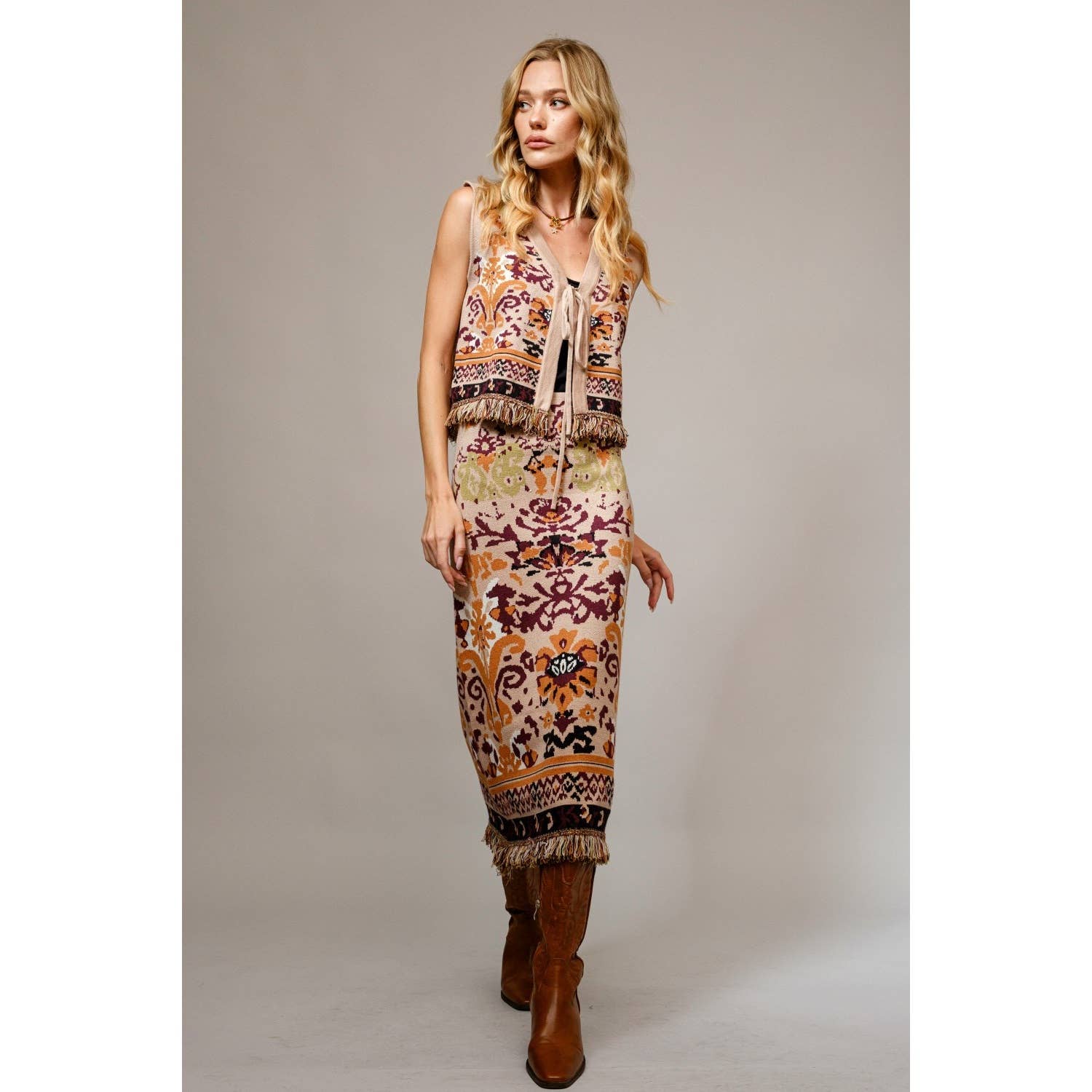 TAUPE Haut en maille à franges ethniques en vente sur Faire3