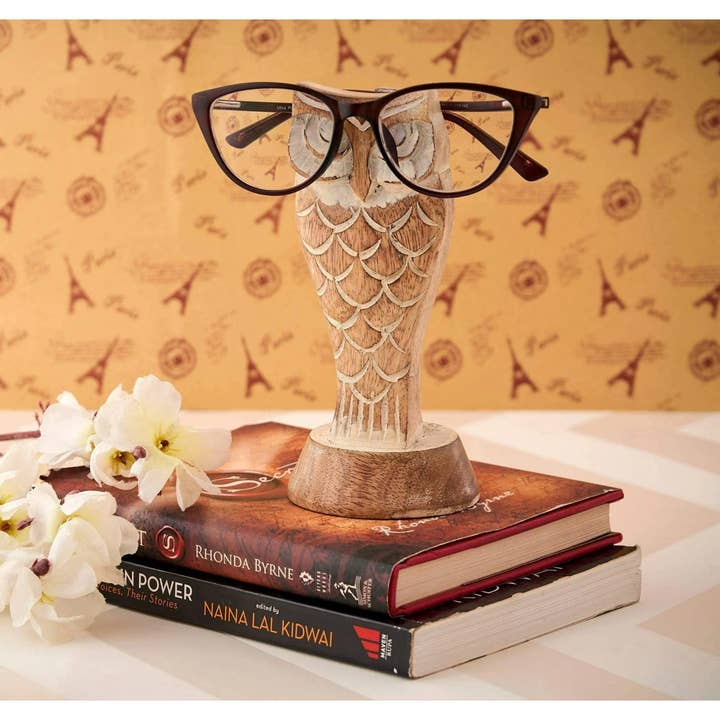 Hand-Carved Owl Eyeglass Holder – Rustic Wood Display Stand for wholesale by Magnifique Hearts