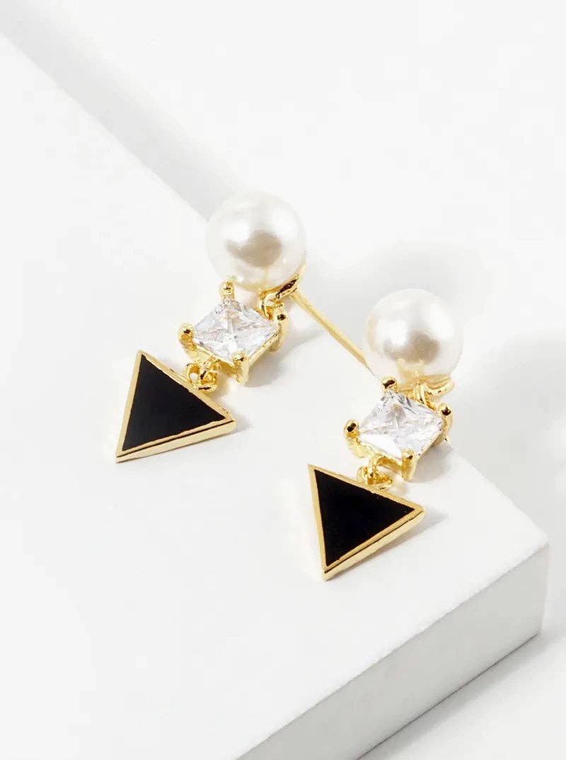 Wild Honey - Wholesale Dangle Earrings - 18k Gold Dipped Geometric CZ Pearl Dangle Post Stud Earrings0
