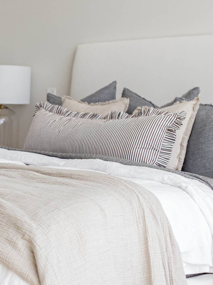 Ruffle Bolster Pillow Cover Brown White Stripes for wholesale by Luxe B Co