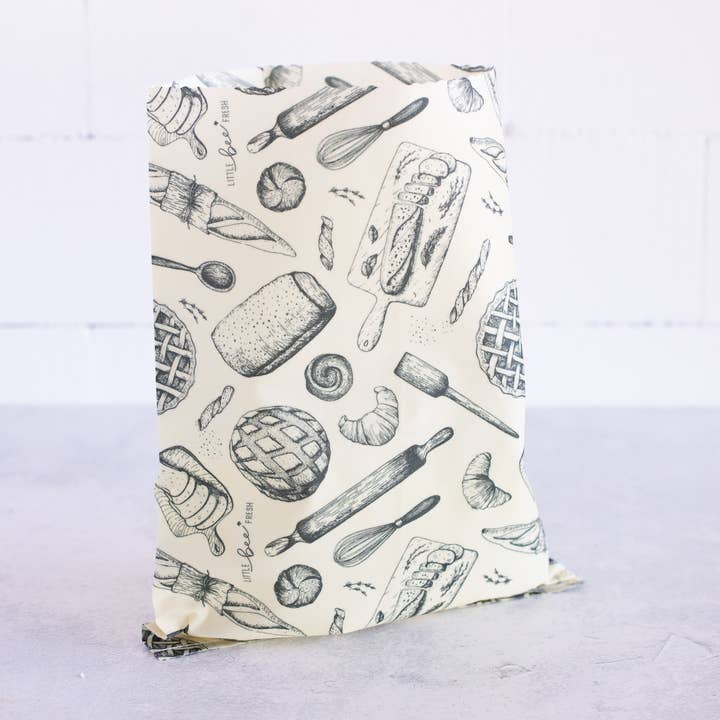 Grand sac en tissu à cire d’abeille motif pain pour la vente par little bee fresh