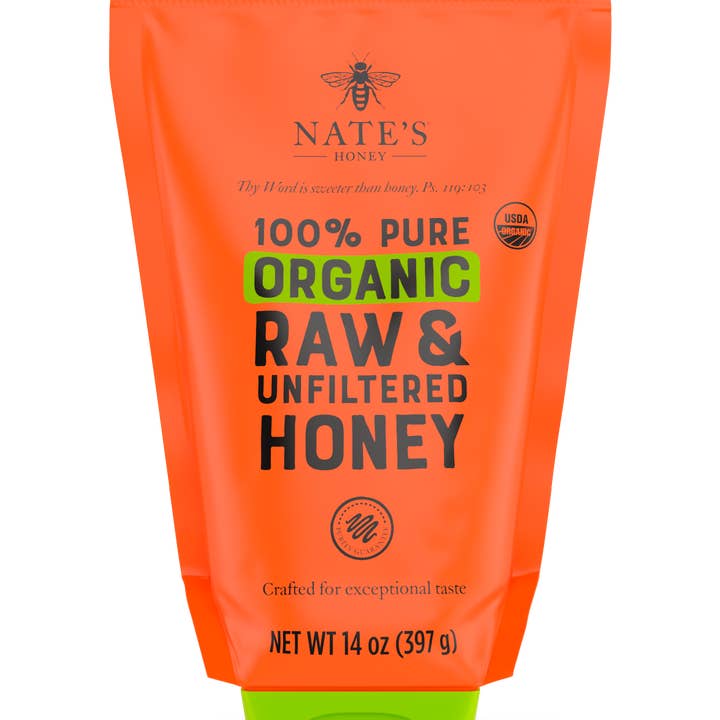 Nature Nate's Raw And Unfiltered Organic Honey Pouch, 14oz for wholesale by Nate's Honey