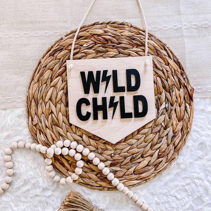 Wild Child Lightning Bolt Nursery Pennant Wall Sign for wholesale by Claire and Bella