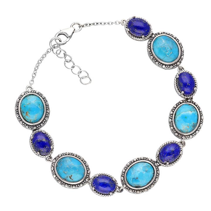 925 Sterling Silver Mohave Turquoise Lapis Chain Bracelet for wholesale by Tiramisu