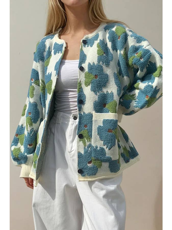 ONE COLOR 3D FLOWER TEXTURED OVERSIZED LOOSE FIT CARDIGAN for wholesale on Faire1