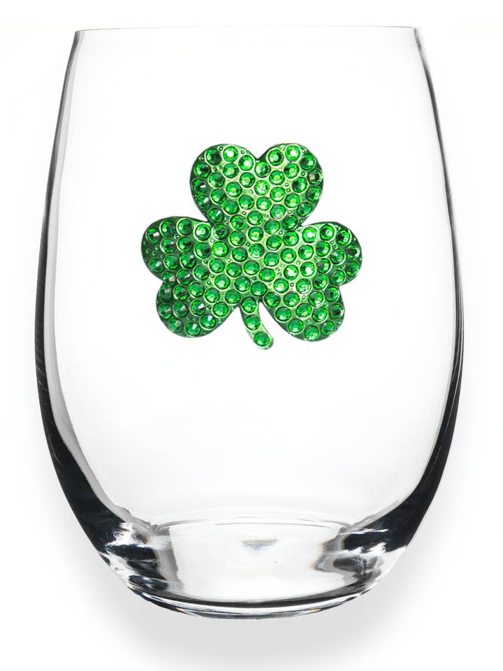 St. Patrick's Day Shamrock Jeweled Stemless Wine Glass for wholesale by The Queens' Jewels®