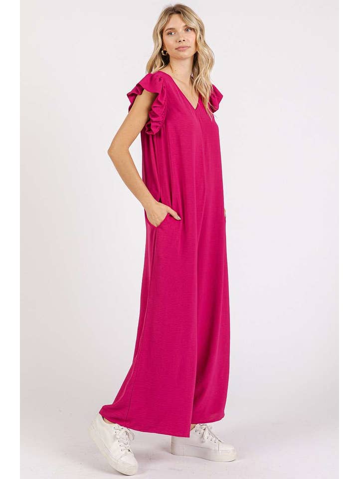 mittoshop - Wholesale Jumpsuit - Women's - AIRFLOW V-NECK RUFFLE SLEEVE WIDE LEG JUMPSUIT