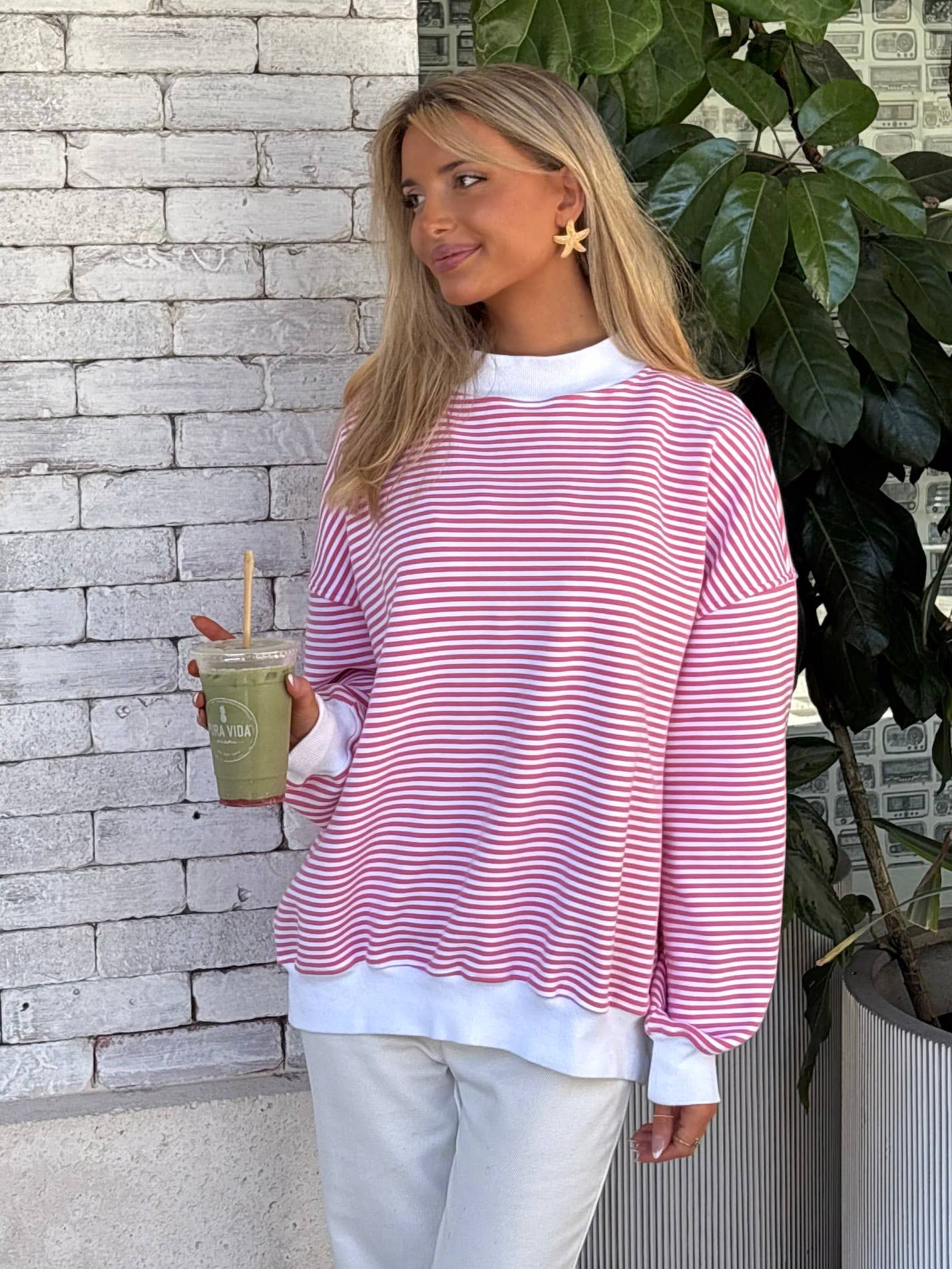 Dark Pink and White Big Striped Mockneck Sweatshirt for wholesale on Faire1