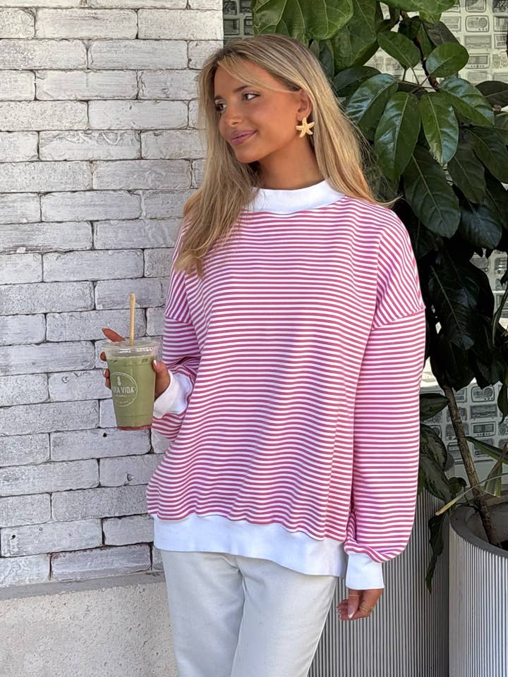 Dark Pink and White Big Striped Mockneck Sweatshirt for wholesale on Faire1