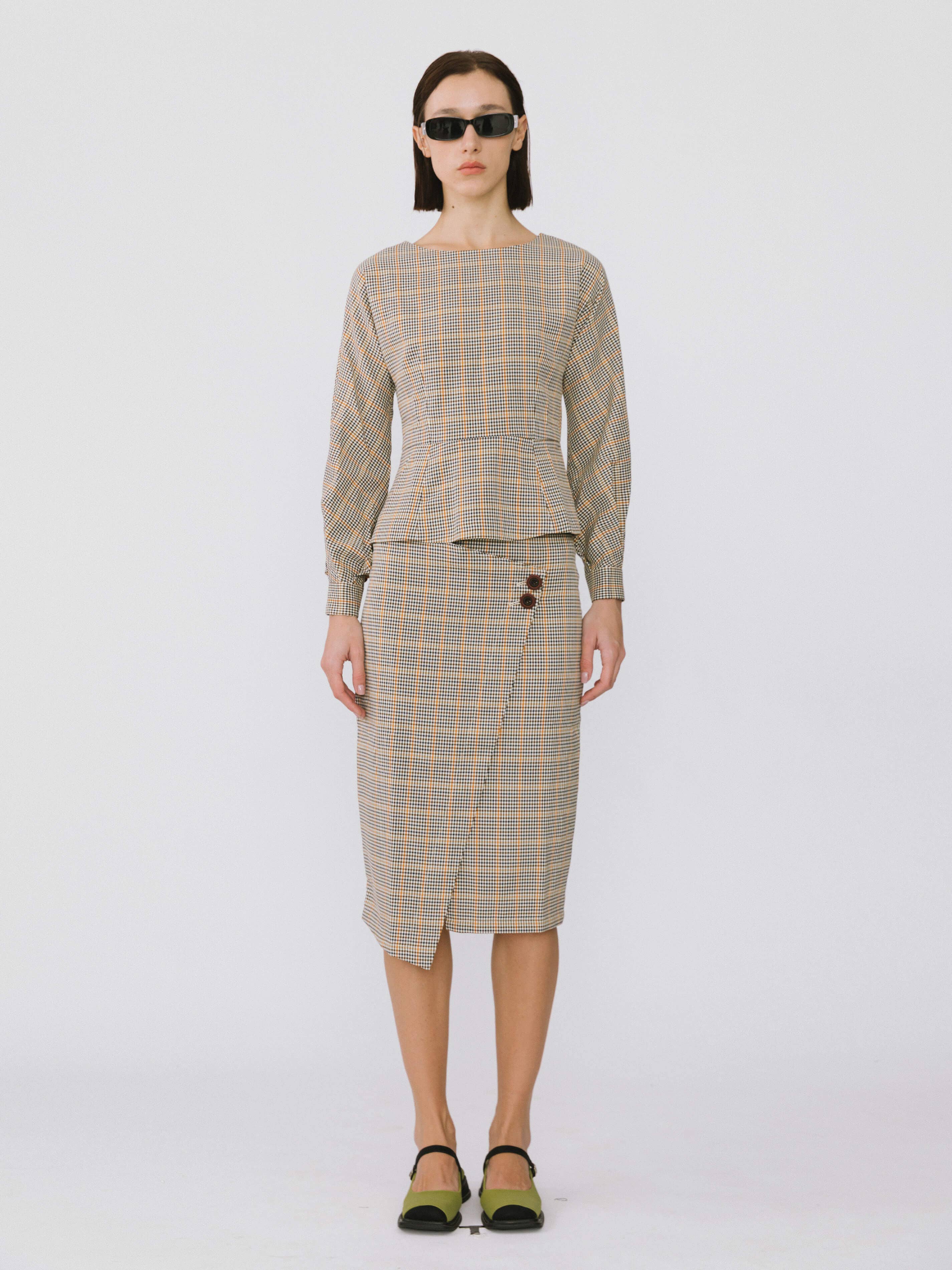 Khaki Wide Neck Plaid Shirt for wholesale on Faire4