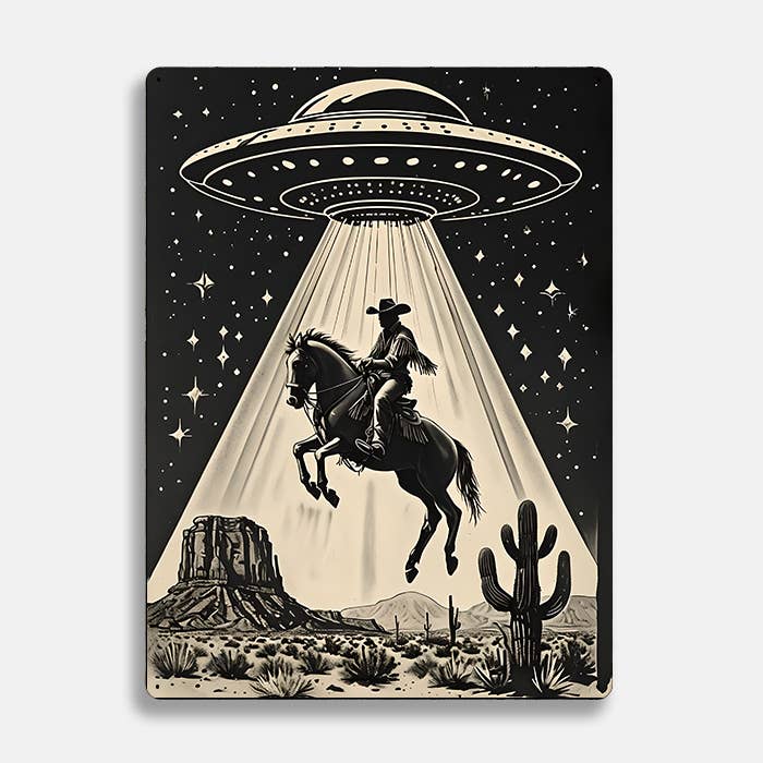 The British Metal Signs Company - Wholesale Sign - Cowboy Riding Horse Under Starry Sky UFO Metal Sign Plaque0