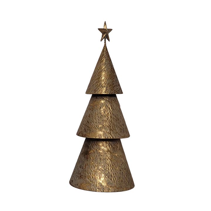 Silver Tree Home & Holiday - Wholesale Christmas Decoration - A58445: Ant gld tier mtl cone tree,embs weave ptrn,star,16in