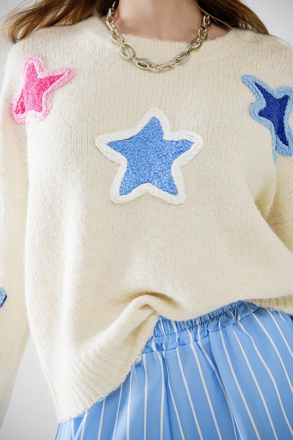 White Cream Sweater With Embroidered Stars for wholesale on Faire5