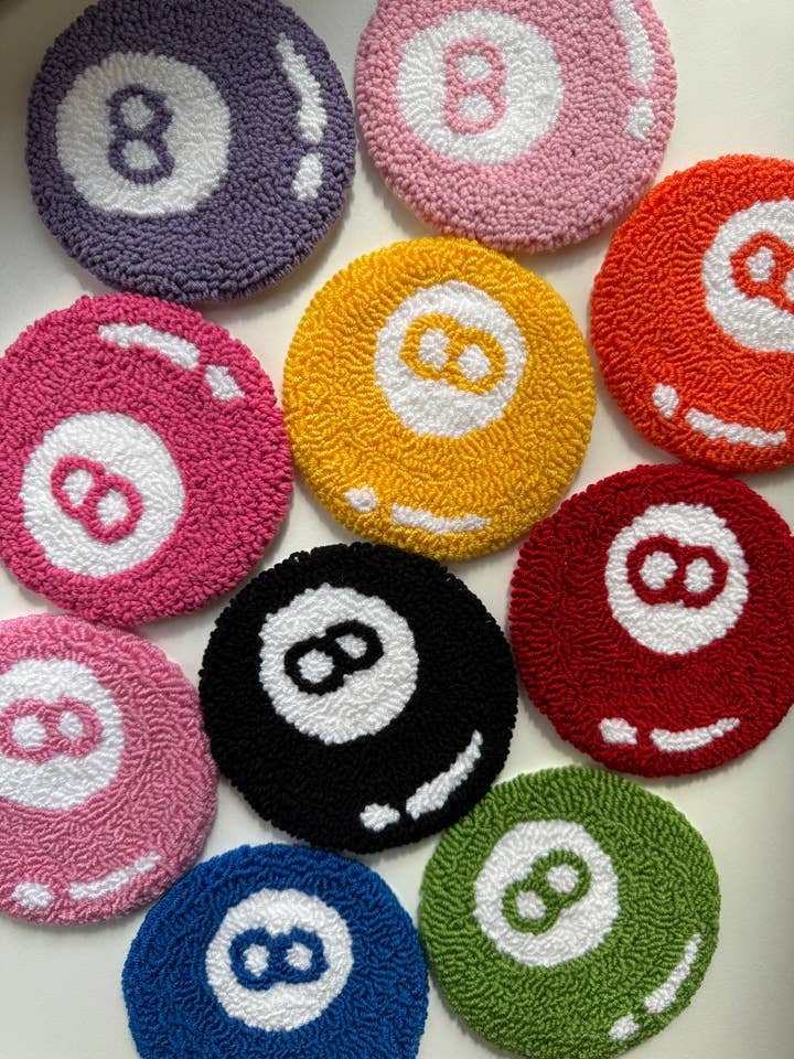 Magic 8 Ball Mug Rug Coasters, Punch Needle Coasters for wholesale by MUUDLAND
