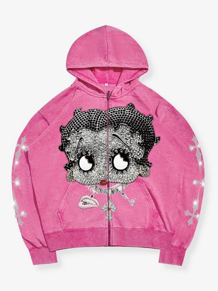 NOISSEY - Wholesale Hoodie – Unisex - Black & White Diamond Betty 370g Pink Washed zip-up hoodie0