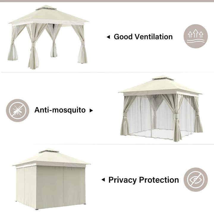 ShipItFurniture - Wholesale Tent - 10'X10' Patio Gazebo, Double Roof Outdoor Shelter Tent with Mosquito Nettings and Privacy Screens, Cream White3