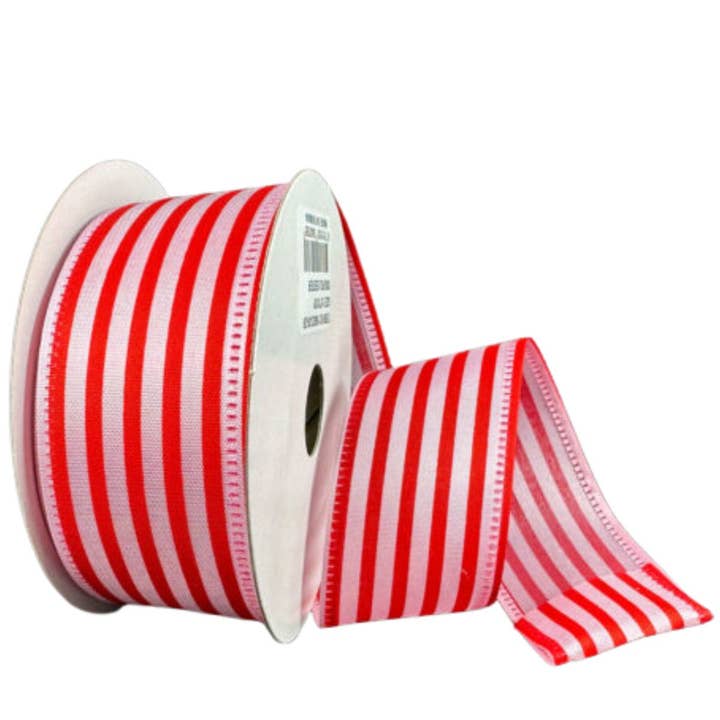 1.5 Inch Pink Satin with Thin Red Cabana Stripe Ribbon 16602-09-26 for wholesale by Trendy tree