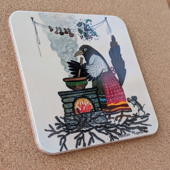 Magpie in apron cooking cork coaster for wholesale by Kapelki Art
