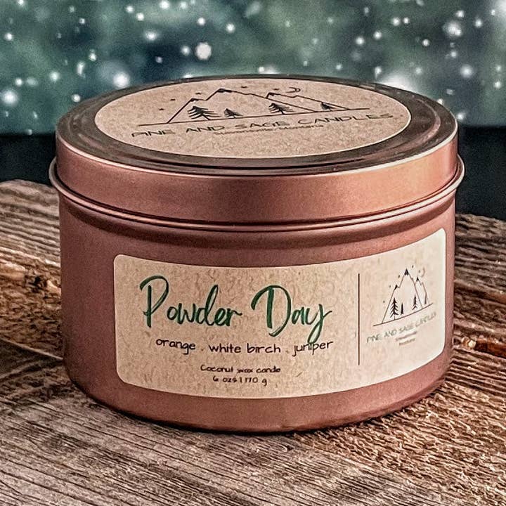 Powder Day - 6 oz Bronze Candle Tin for wholesale by Pine and Sage Candles