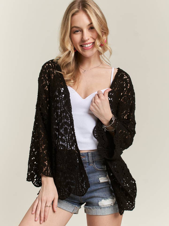 ADORA LA - Wholesale Cardigan - Women's - CET3547 - LEAF PATTERN CROCHET CARDIGAN