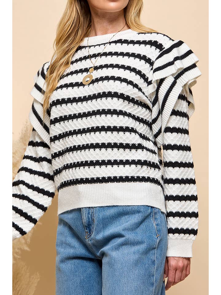 Black White Stripe Ruffle Trim Sweater for wholesale on Faire