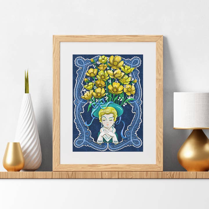 Impression artistique 8x10 de vase tête de dame vintage avec fleurs de renoncule pour la vente par To & From Gift Co.