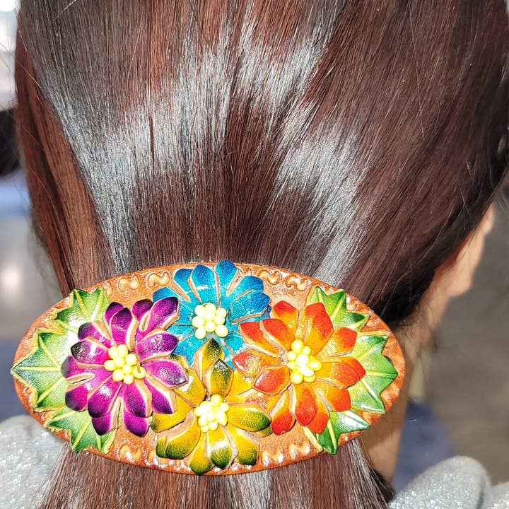 Sunflower Handmade leather inc - Wholesale Barrette - Women's - as0003-2 6 pcs woodstick and 6 pcs metal leather barrettes8